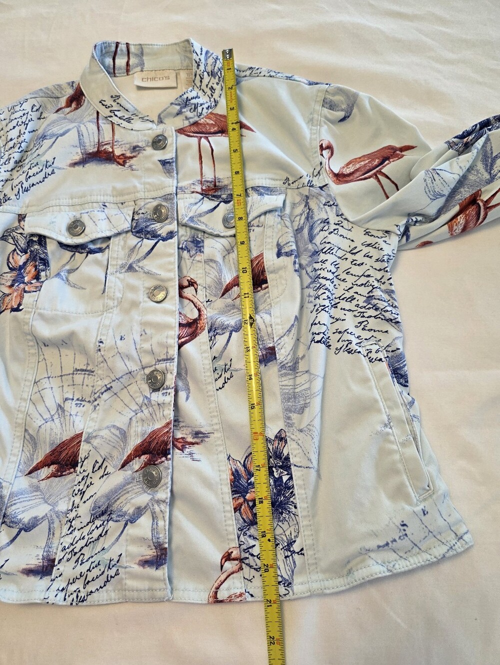 Chico's 'BON VOYAGE'Light Blue Printed Denim Jacket with Floral & Bird Motifhico - Picture 7 of 10